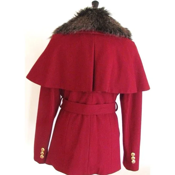 Steve Madden Burgundy Wool Capelet with Faux Fur Collar Double Breasted Coat L